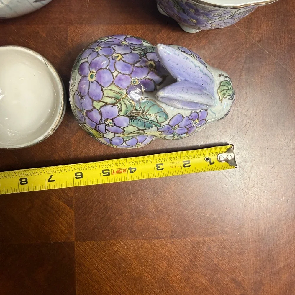 Purple‎ Floral Ceramic Decor Set  Vase Rabbit Egg Gold Trim Chinoiserie